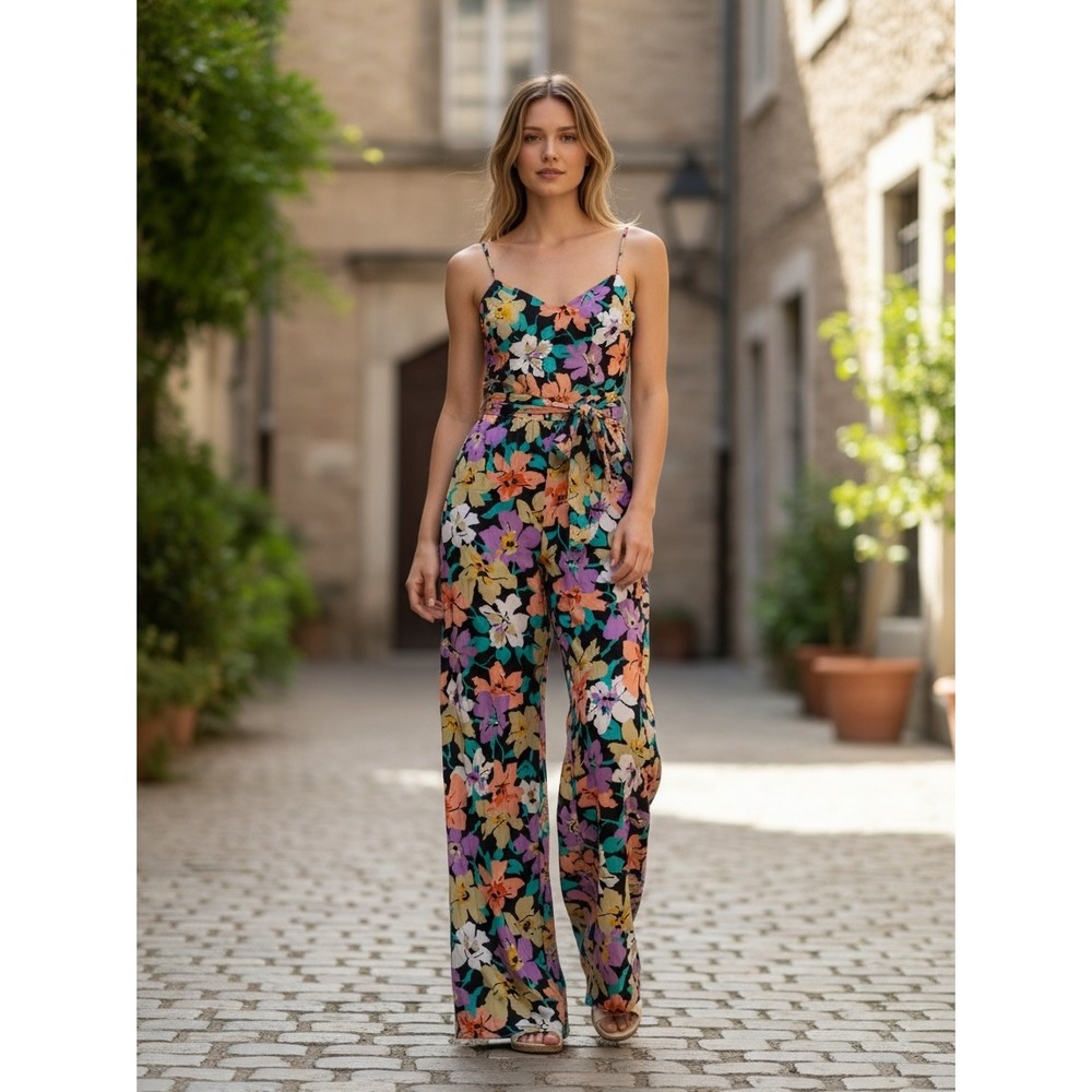 Floral Wide Leg Jumpsuit Sleeveless V-Neck Belted Summer One Piece Multicolor